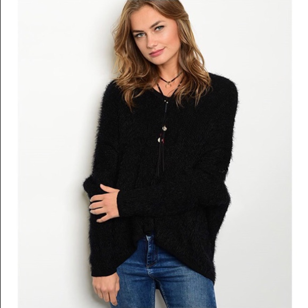 S-TWELVE Black Fuzzy Sweater with Chain Accent